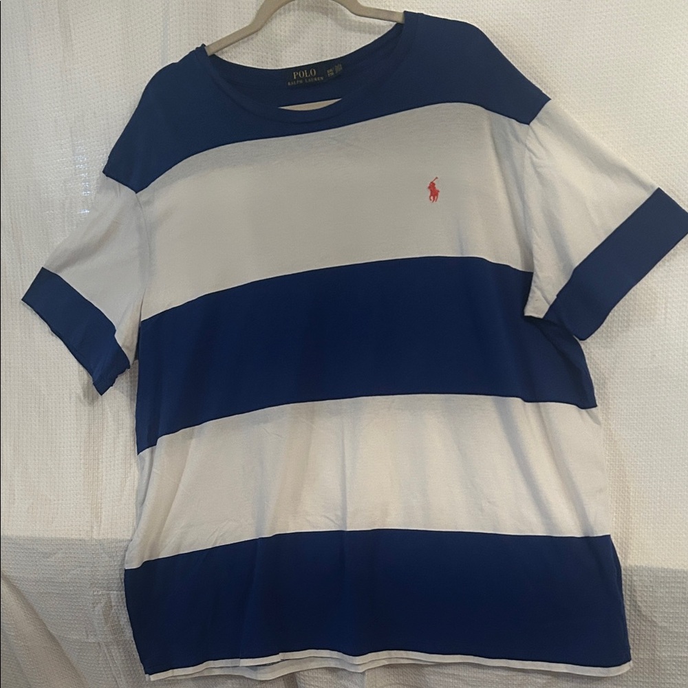 Polo by Ralph Lauren White and Navy Blue Striped Polo Shirt with Red Pony